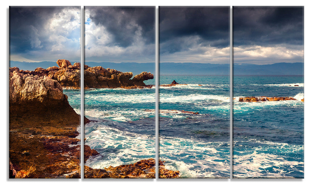 Volcanic Beach Stormy Weather, Seashore Canvas Print, 48"x28", 4 Panels