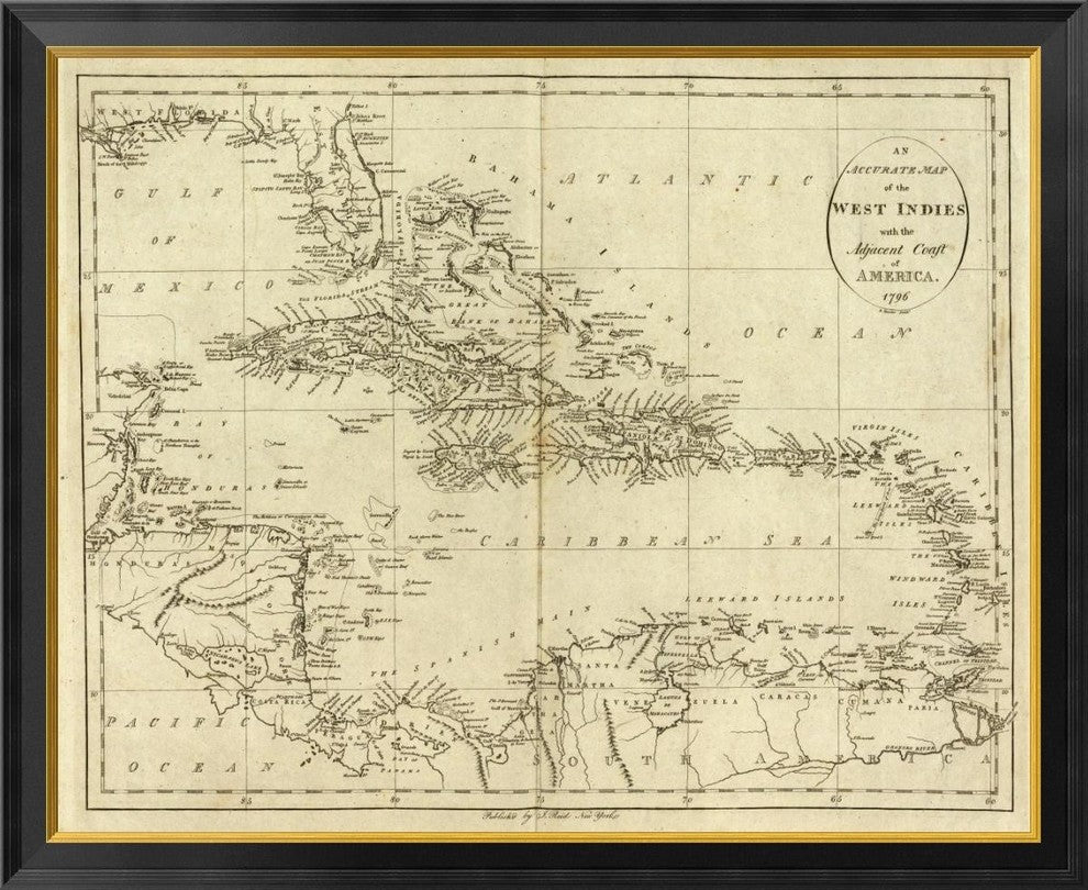 "Map of the West Indies, 1796" Framed Canvas Giclee by John Reid, 40x33"
