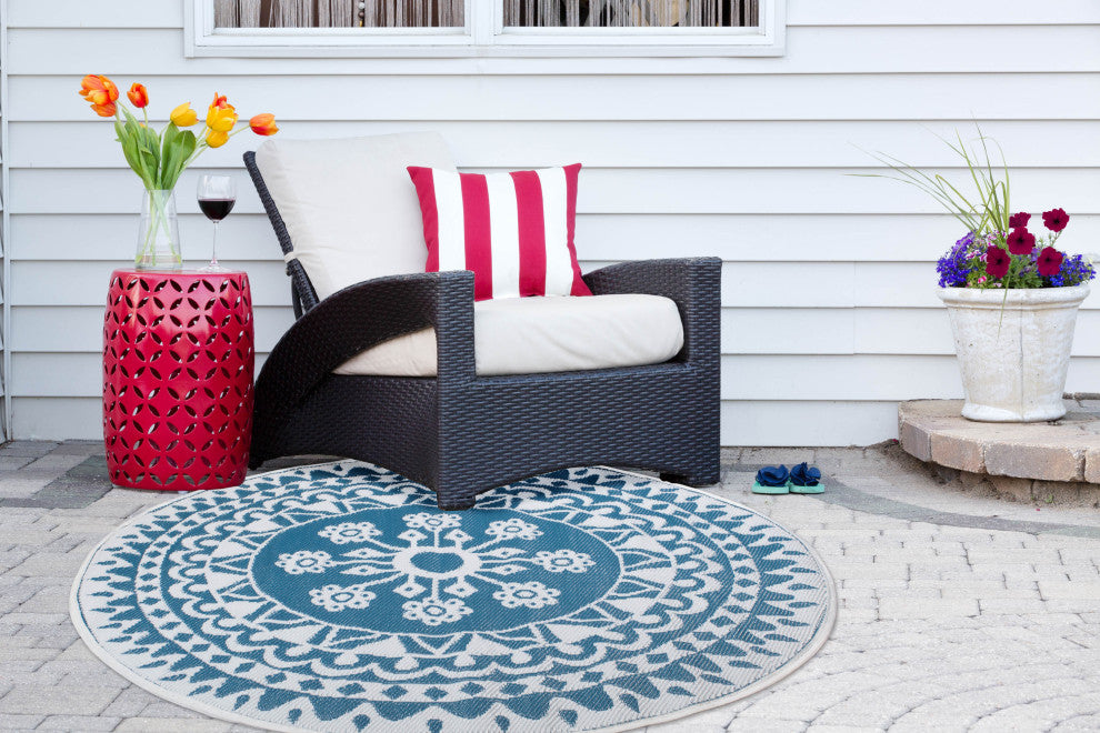 Blue Floral Outdoor Rug 5 Ft Round