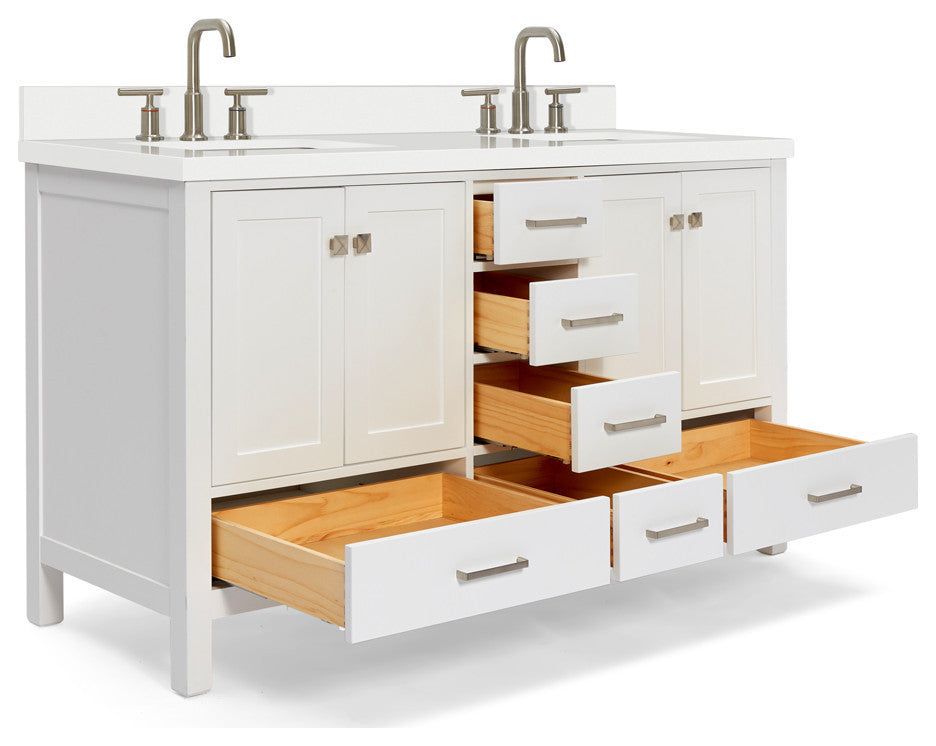 ARIEL Cambridge 61" Double Rectangle Sink Bathroom Vanity White With Quartz Top