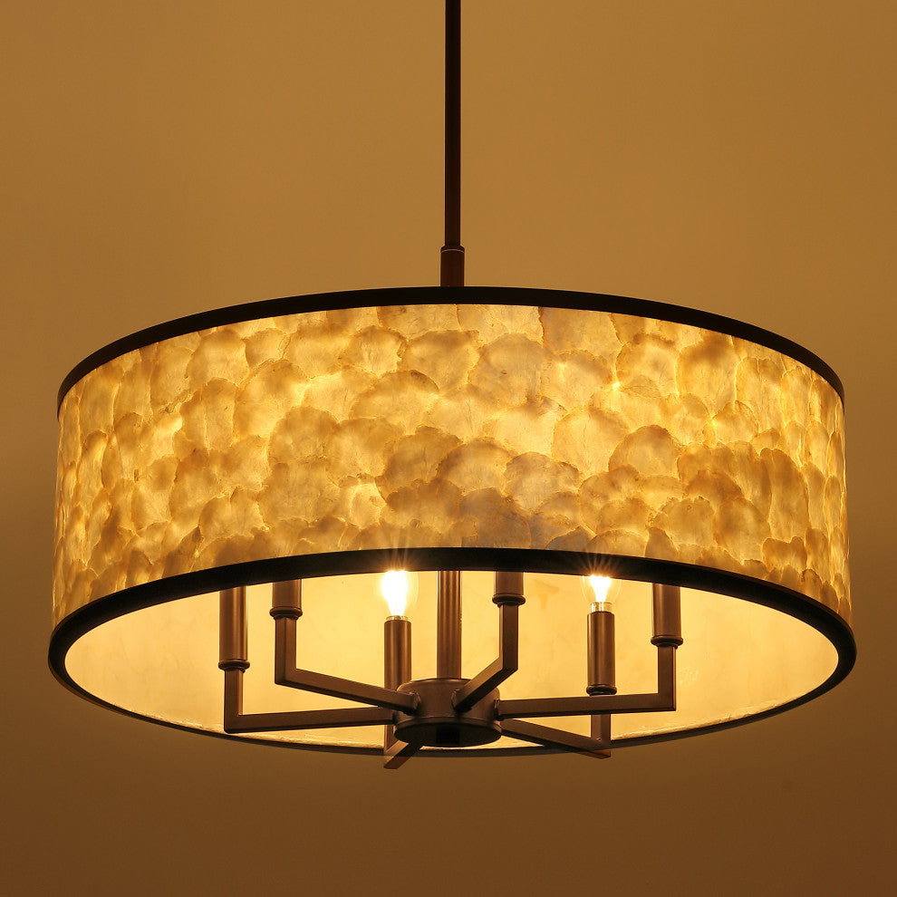 GetLedel 24-inch 6-Light Capiz Shell Drum Chandelier, Oil Rubbed Bronze