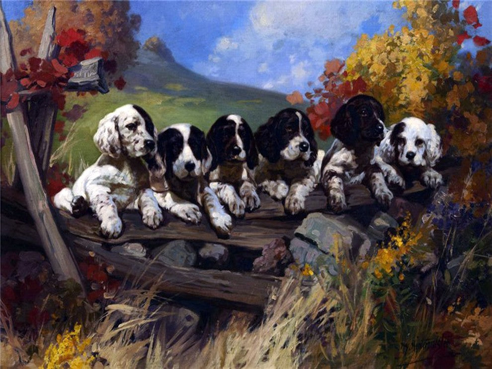 Tile Mural Dogs and Puppies On A Fence Herbert William Weekes, 6"x8", Matte