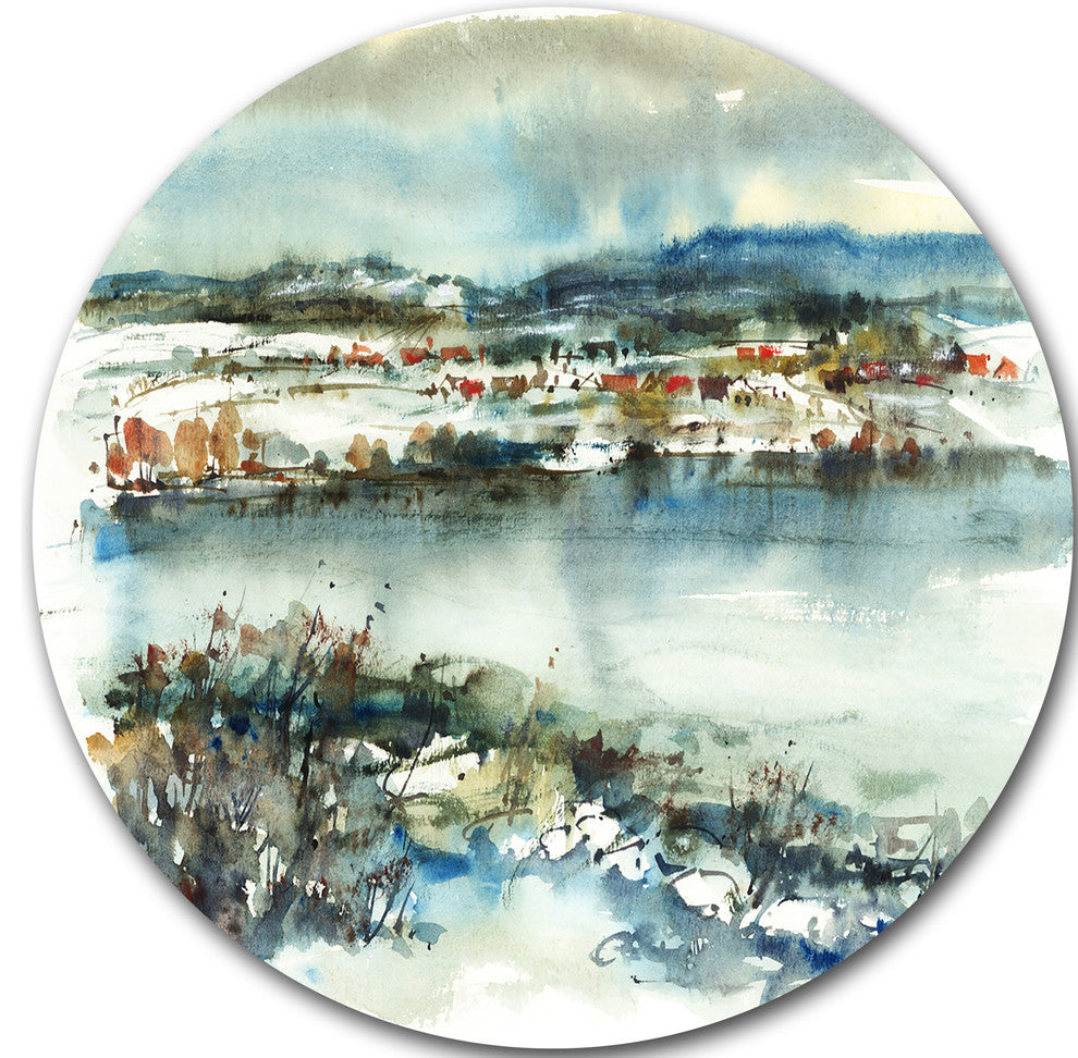 Blue Winter Lake Watercolor, Landscape Painting Disc Metal Artwork, 11"