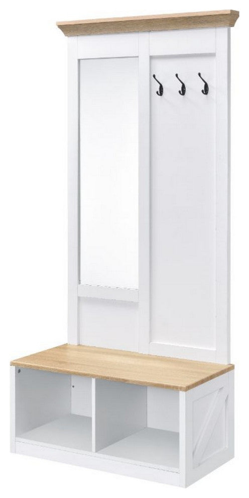 Benzara BM251205 Hall Tree With Body Length Mirror & Bench Seat, White/Brown