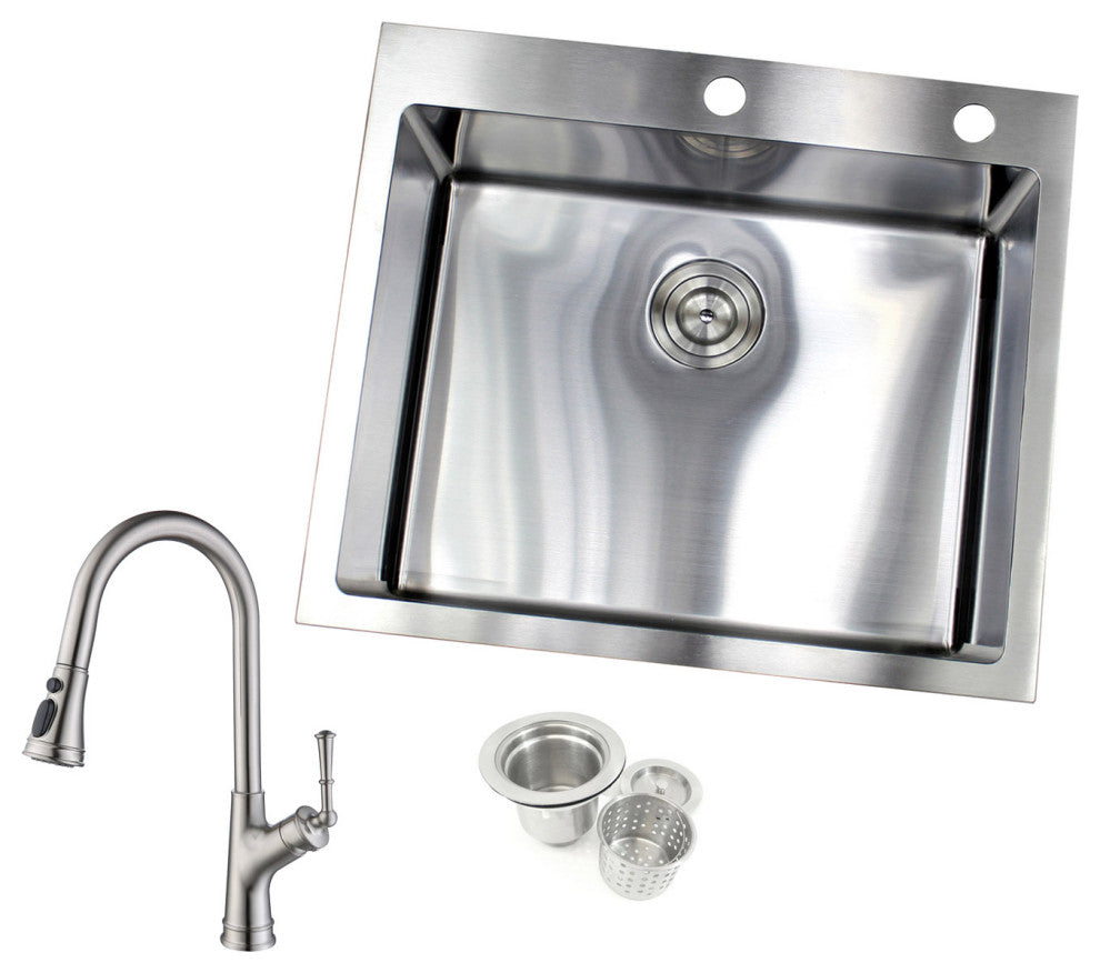 25" Topmount 16 Gauge Single Bowl, Sink With Faucet and Strainer