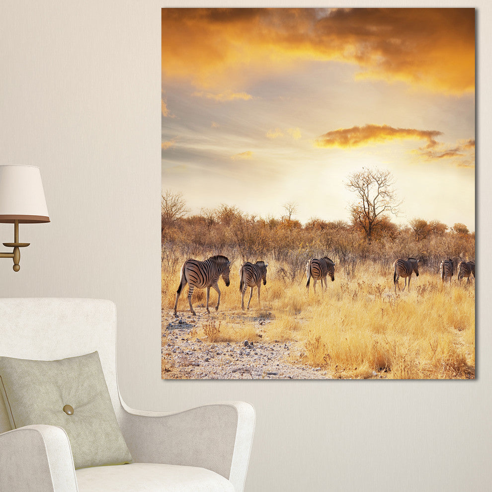 African Zebras Walking in Row, African Landscape Canvas Art Print, 30"x40"