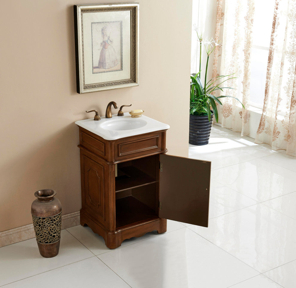 21" Single Bathroom Vanity, Teak, White and Brown Vein Marble Top