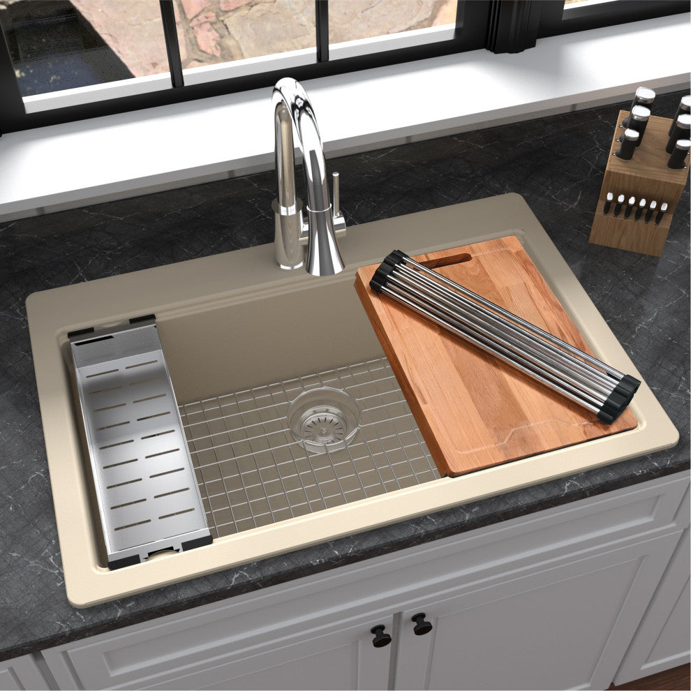 Karran Top Mount 33" Single Bowl Quartz Workstation Kitchen Sink, Bisque