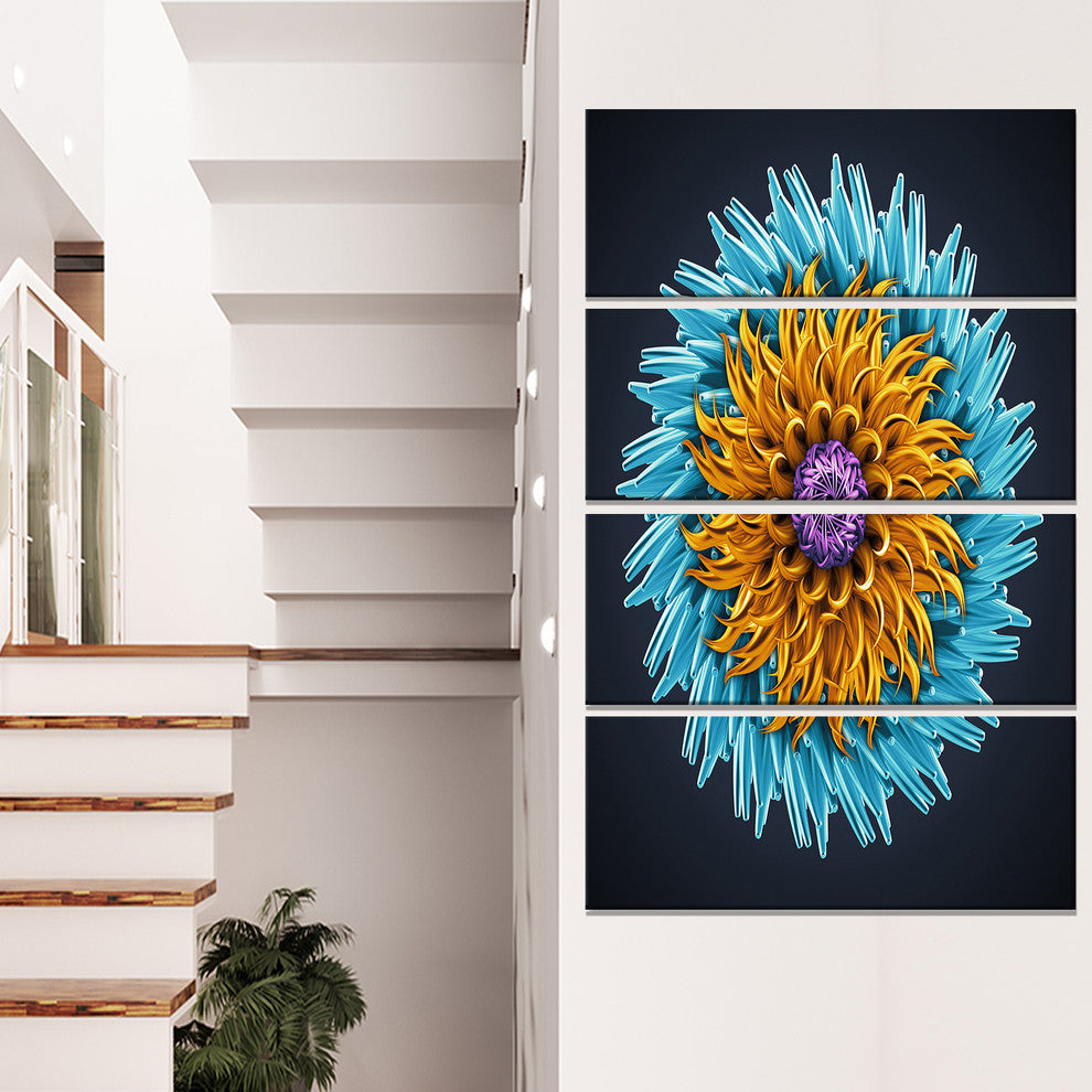Yellow Blue Abstract 3D Flower, Flowers Canvas Wall Artwork, 28"x48", 4 Panels