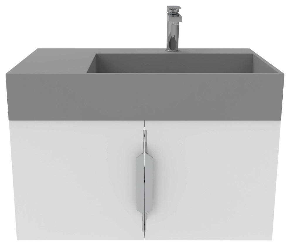 CastelloUSA Amazon 30" Right Wall Mounted Bathroom Vanity Set, White, Gray Top, Brushed Nickel