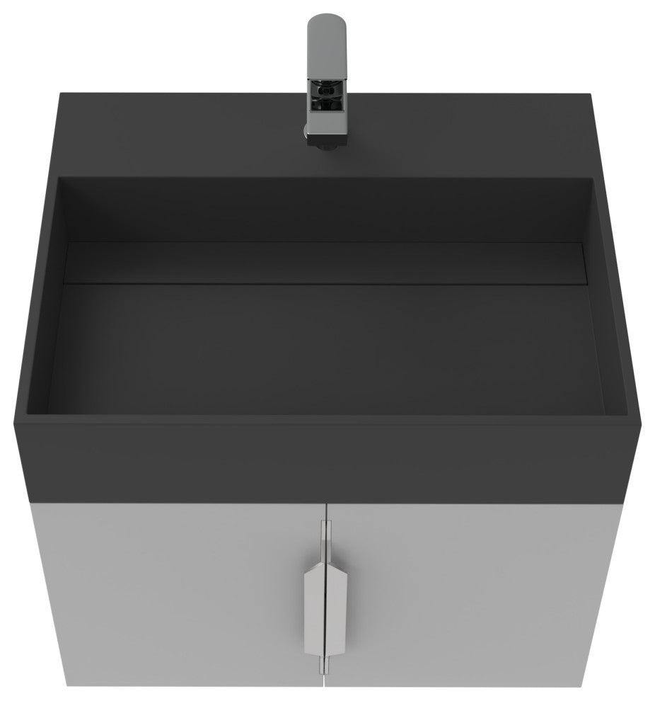 CastelloUSA Amazon 24" Wall Mounted Bathroom Vanity Set, Gray, Black Top, Brushed Nickel