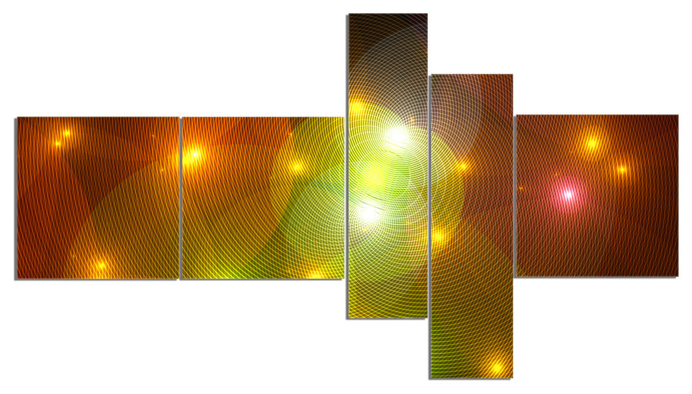 Golden Fractal Lights in Fog, Abstract Wall Art Canvas, 60"x32", 5 panels