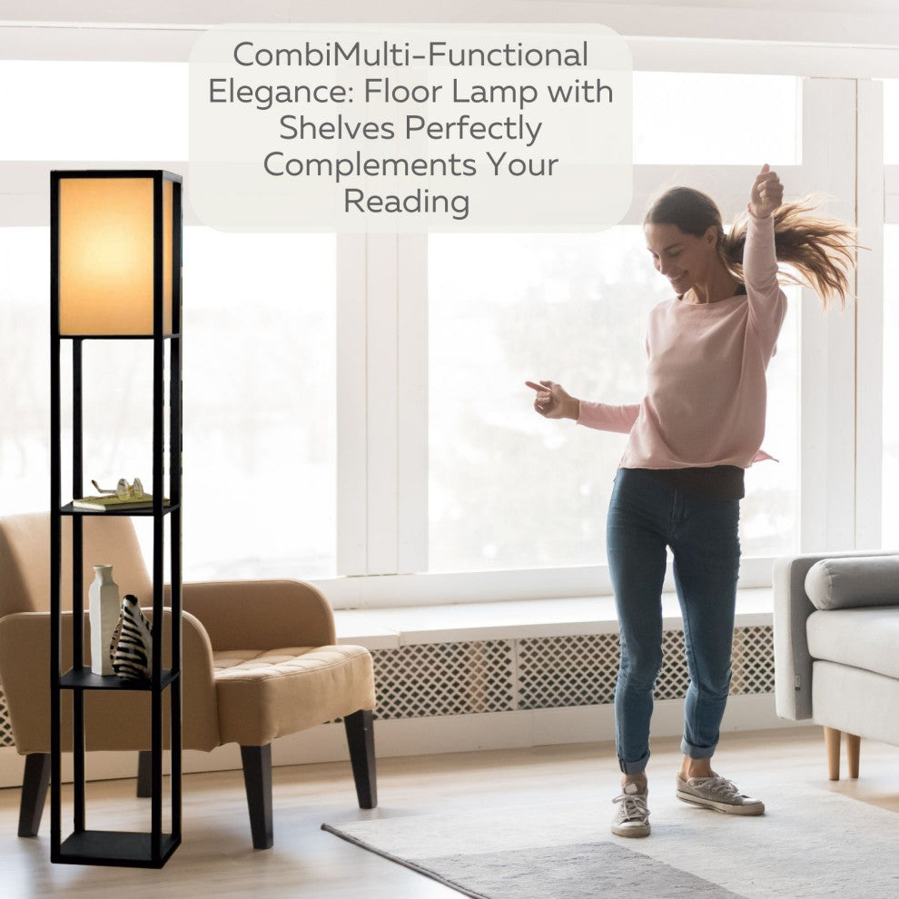 Floor Lamp with Shelves 63" Tall Wood with White Linen Shade