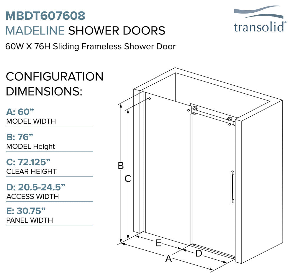 Transolid Madeline 60"x76" Frameless Shower Door with Fixed Panel in Matte Black