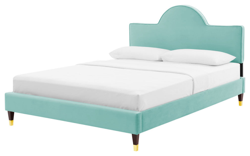 Platform Bed Frame, King Size, Blue, Velvet, Modern, Bedroom Master Guest Suite