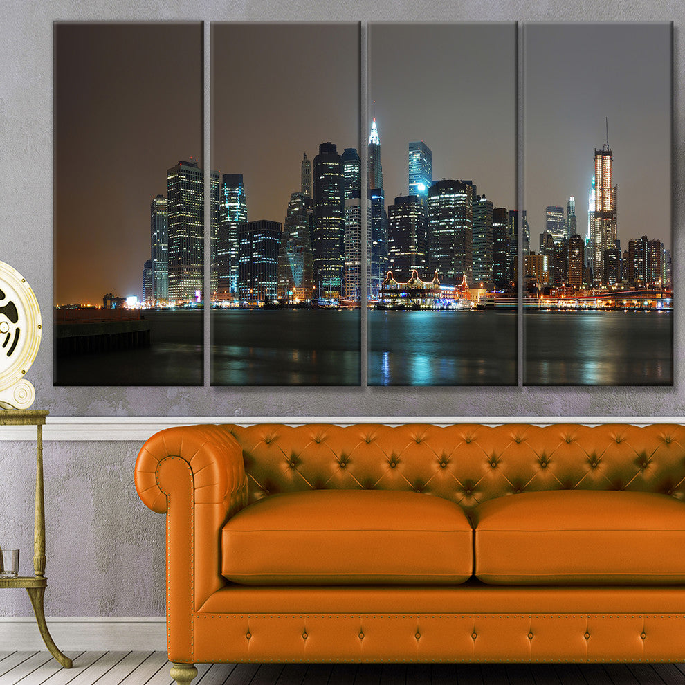 Evening New York Panorama, Cityscape Canvas Art Print, 48"x28", 4 Panels