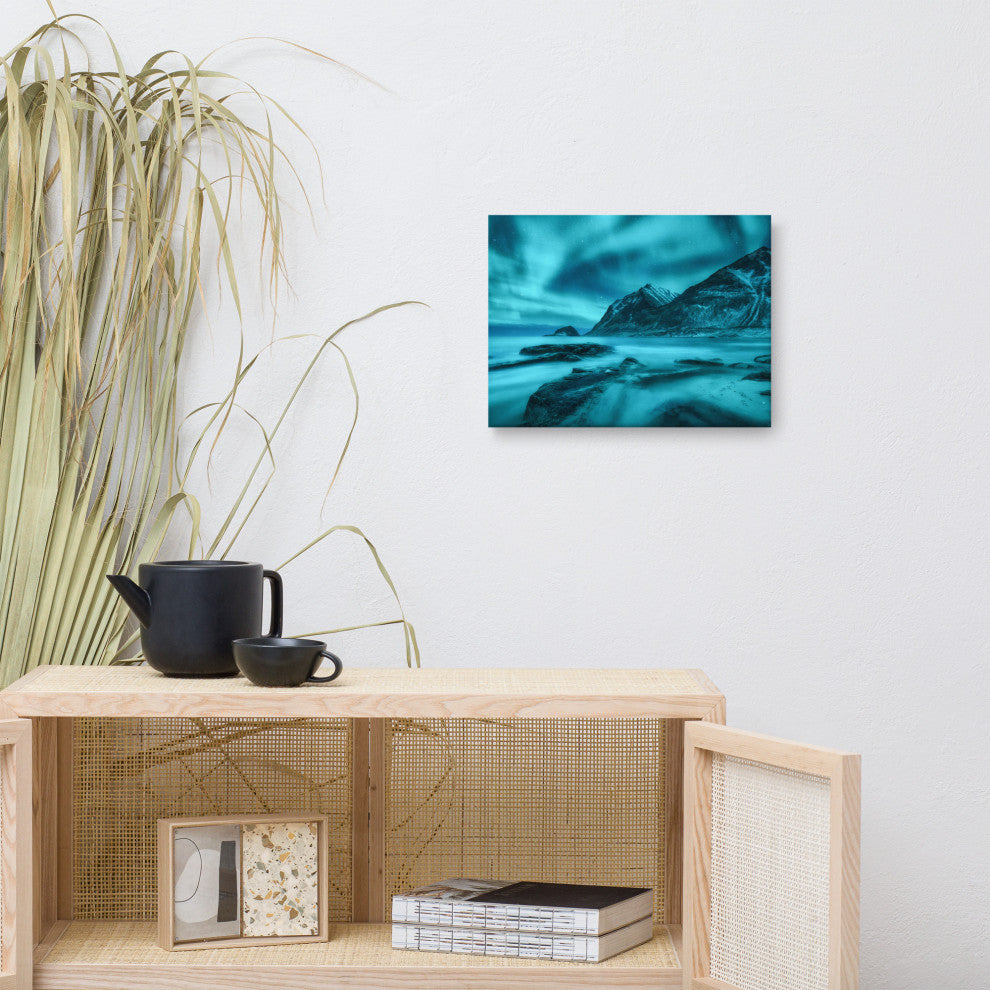 Blue Northern Lights and Mountain Coast Landscape Photo Canvas Wall Art Prints, 12" X 16"