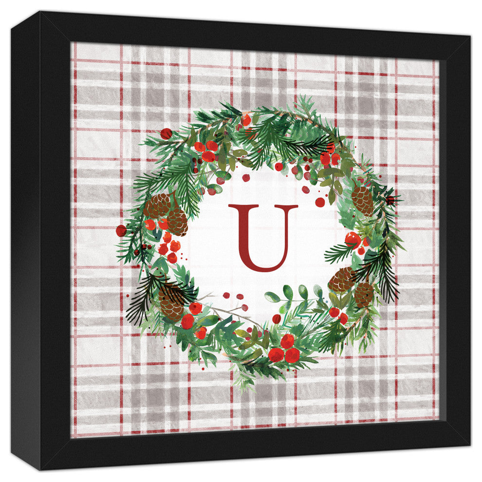Holiday Gray Plaid Monogram Wreath U 12x12 Black Framed Canvas