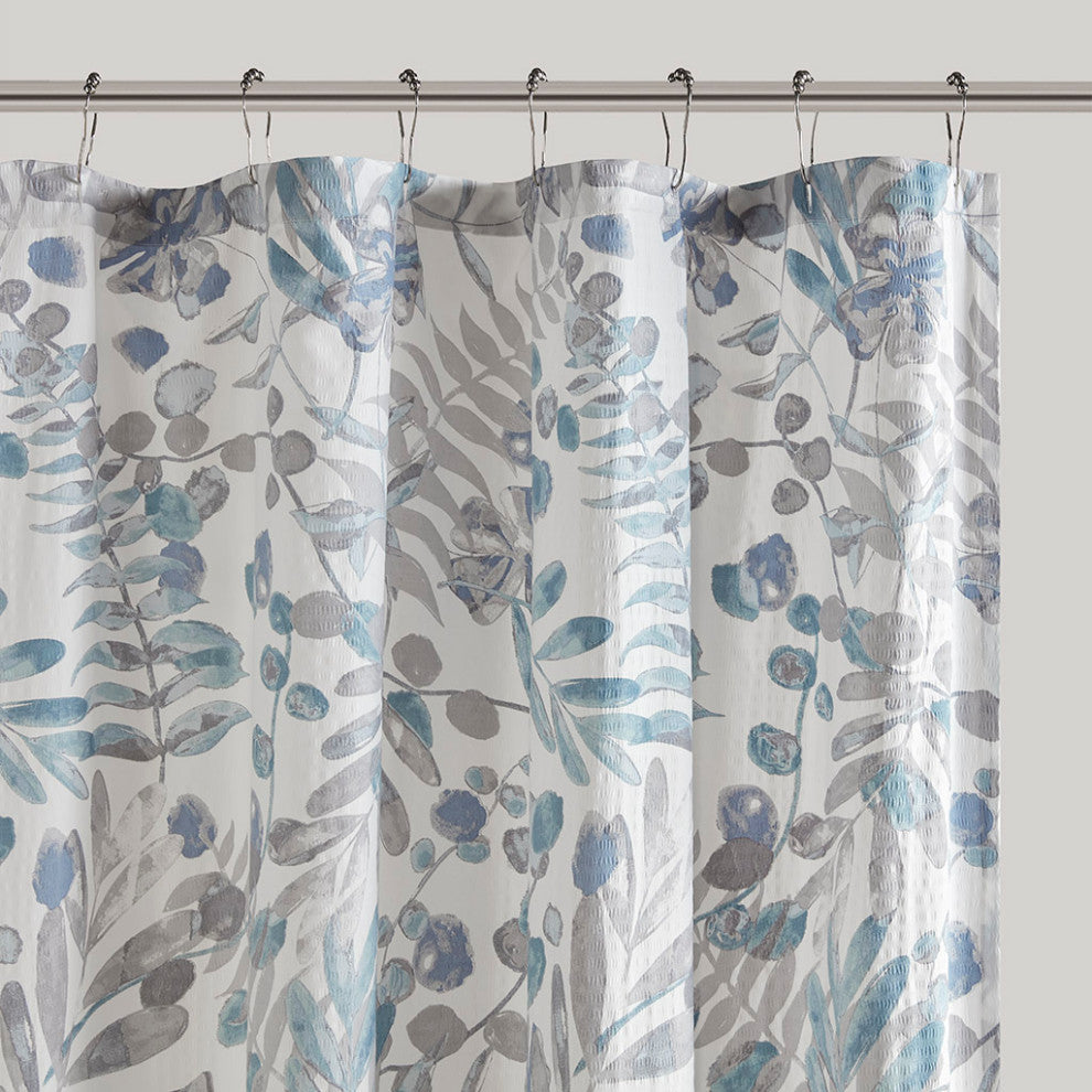 Madison Park Bonnie Printed Seersucker Shower Curtain, Blue