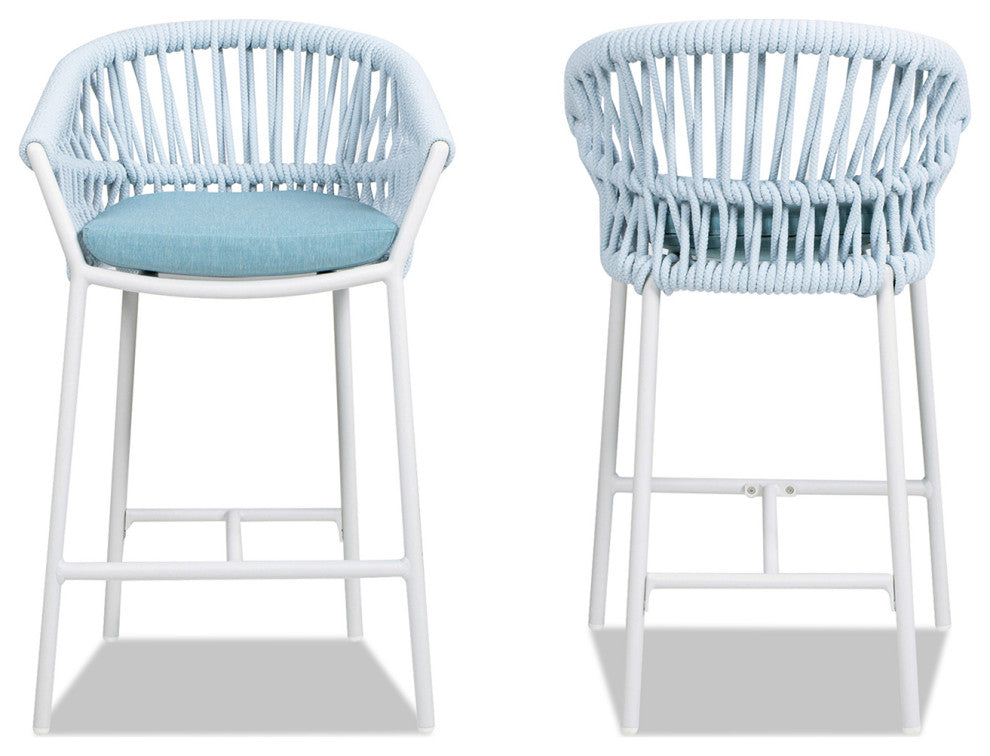 Maiden 27" Woven Barrel Back Outdoor Patio Counter Stool, Set of 2, Sky Blue Sunproof Olefin