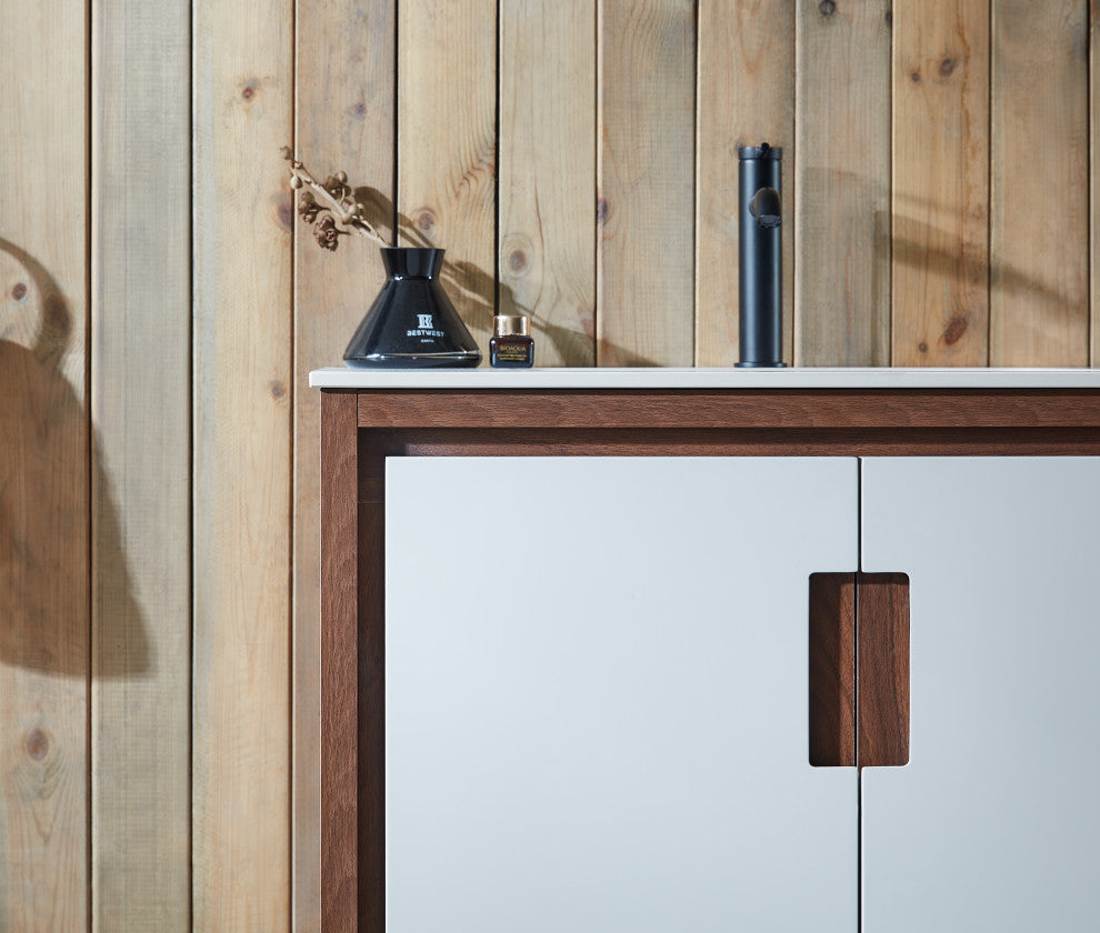 LYON Freestanding Modern Bathroom Vanity, Beige, 30", White Countertop