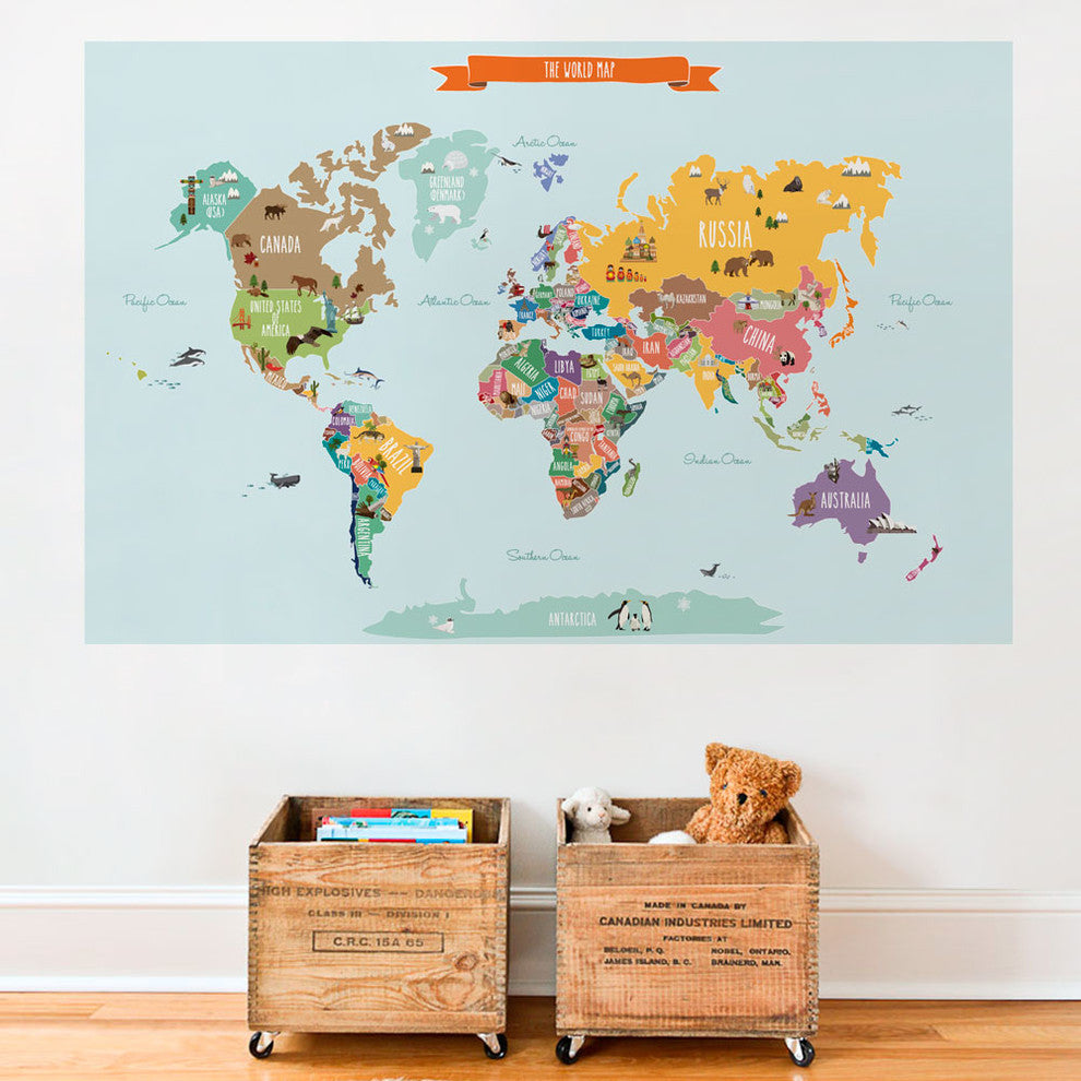 Countries of The World Map, Peel and Stick Vinyl Poster Sticker, Medium