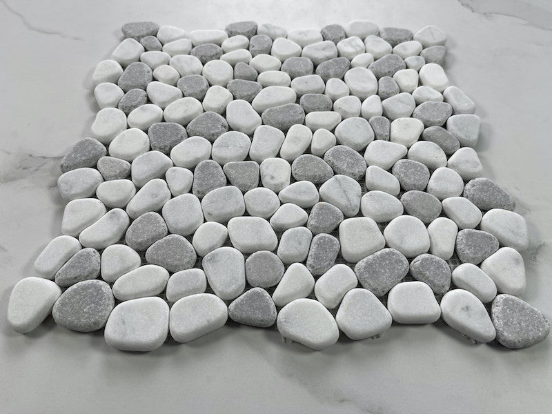 Non Slip Shower Floor Tile Tumbled Carrara Grey Marble Pebble Mosaic, 1 sheet