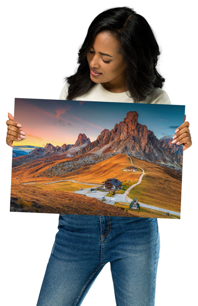 Sunset at Alpine Mountain Pass Rural Landscape Photo Wall Art Print, 12" X 18"