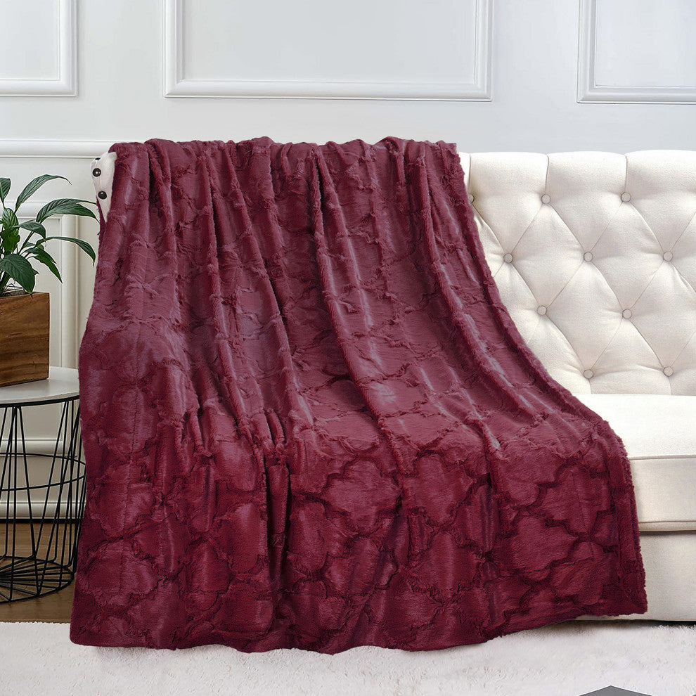 Ashley Brushed Faux Fur & Matching Sherpa Borrego Backing Throw, Burgundy, 50" X 60"
