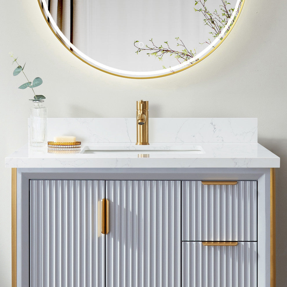 Malaga Composite Stone Vanity Top With Ceramic Sink, Grain White, 37"