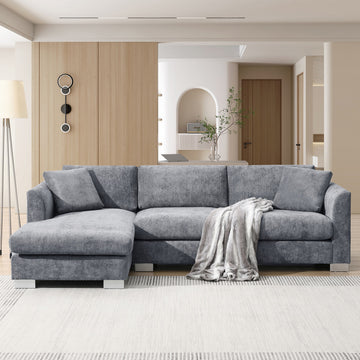 Alice Modern L-Shaped Cloud Chenille Sectional Chaise Sofa With 2 Pillows, Gray