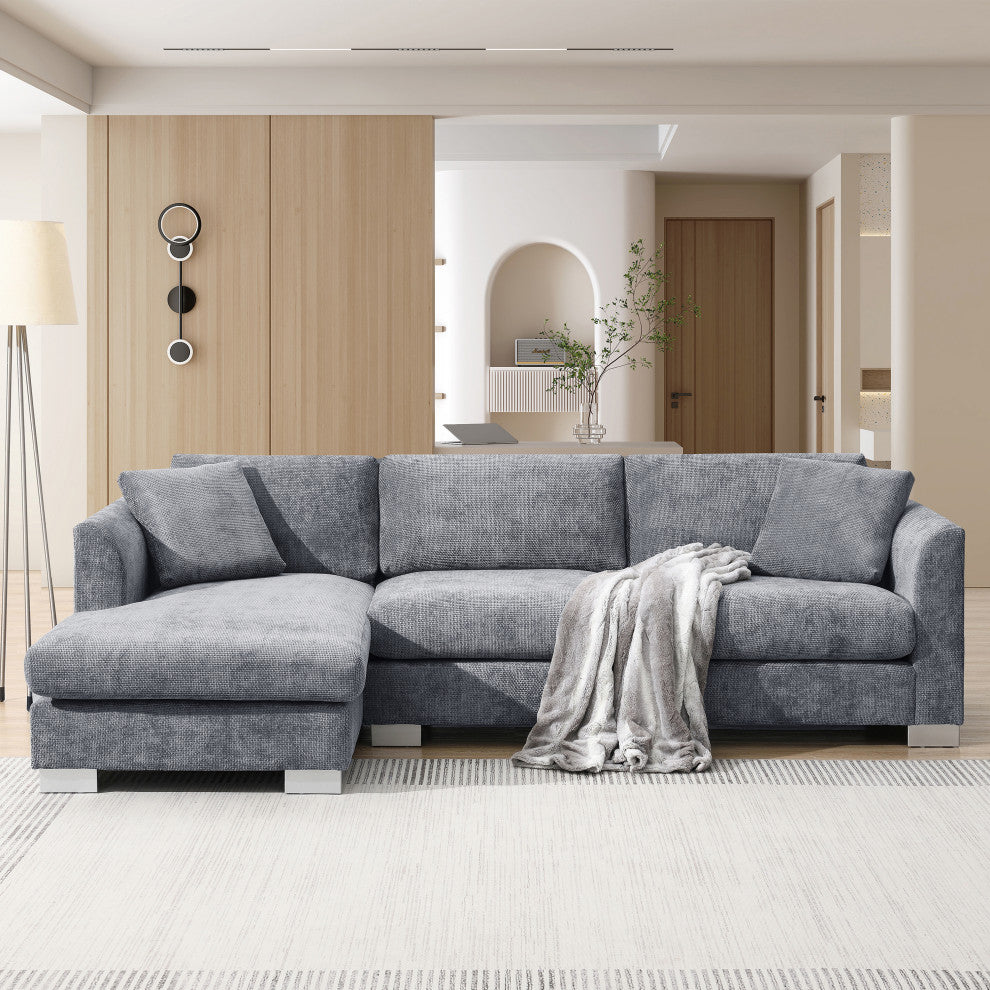 Alice Modern L-Shaped Cloud Chenille Sectional Chaise Sofa With 2 Pillows, Gray