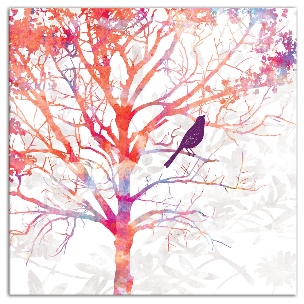 Watercolor Bird in Red Tree 12x12 Canvas Wall Art