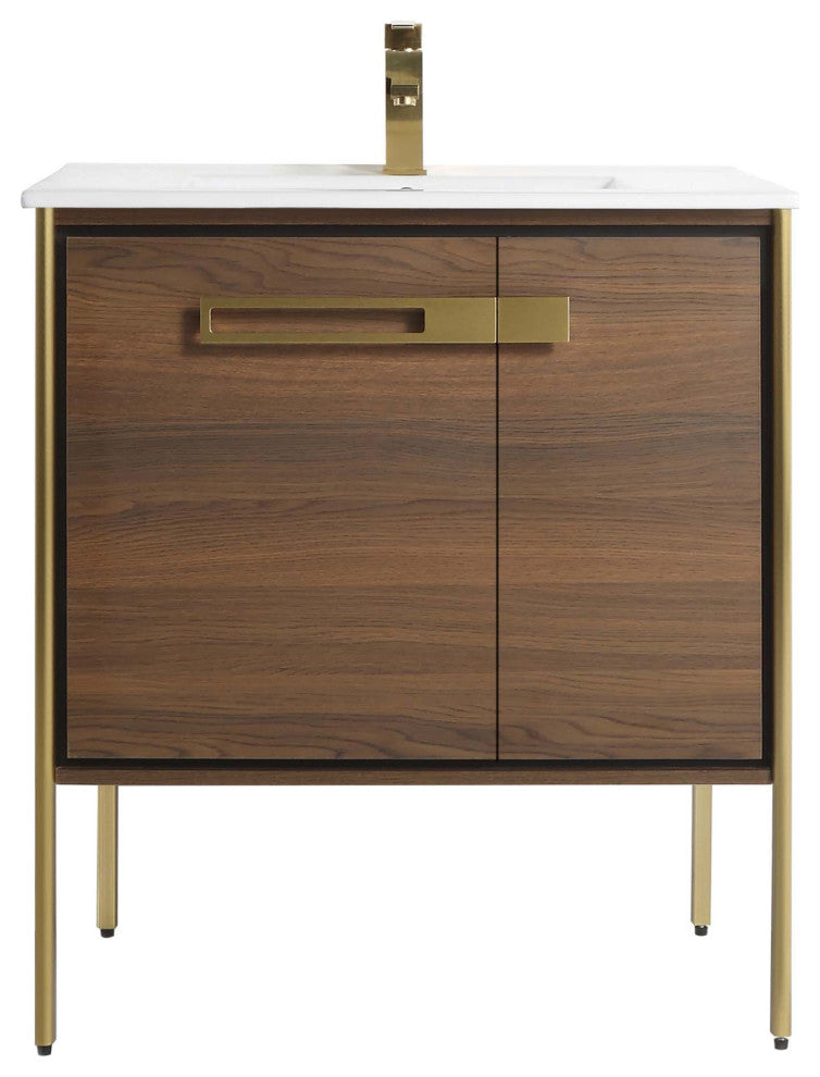 Oakville Bath Vanity, Ceramic Sink, Walnut Ebony, 30 Inch, Satin Brass Hardware