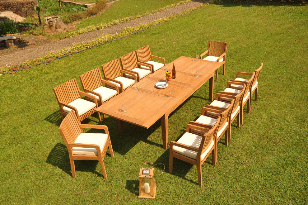 13-Piece Outdoor Teak Dining Set: 122" Rectangle Table, 12 Maldives Arm Chairs