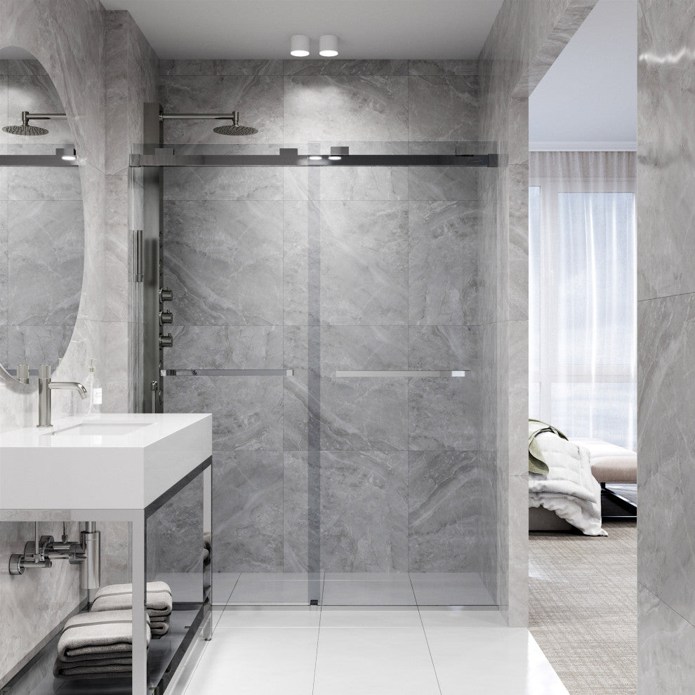 VIGO Houston Frameless Sliding, V-Motion, Chrome, Shower Door, 56" to 60" W X 76" H, Clear Glass
