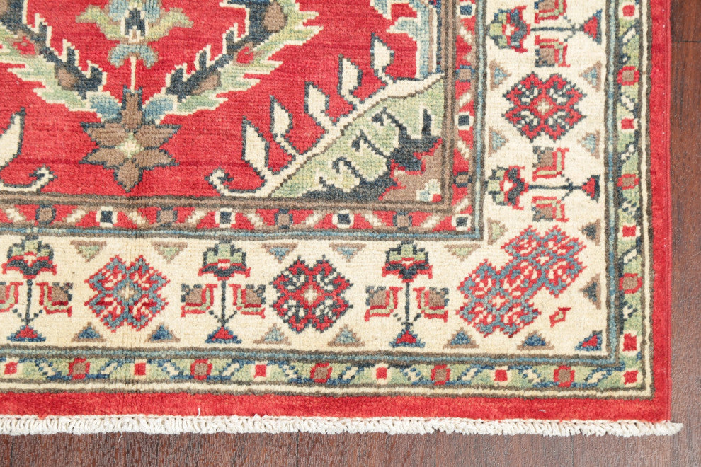 Hand Made Kazak Oriental Traditional Pakistani Area Rug, Red, 4'11"x3'3