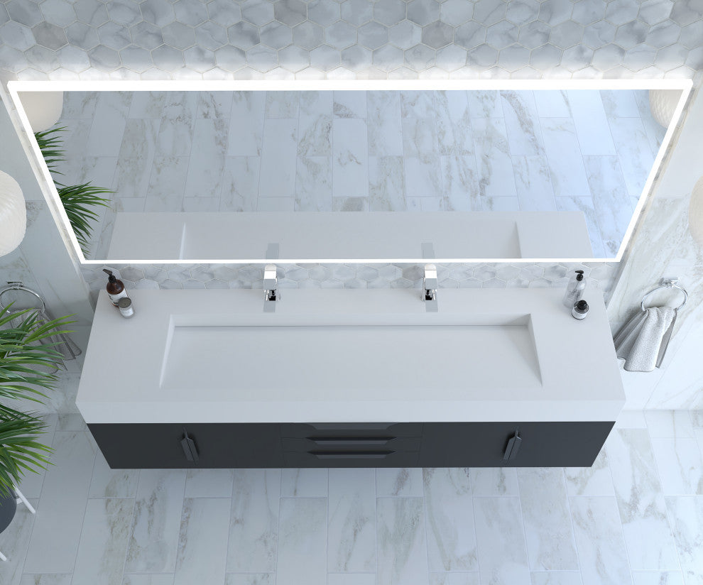 CastelloUSA Nile 72" Wall Mounted Vanity Set, Black, White Top, Black Handles