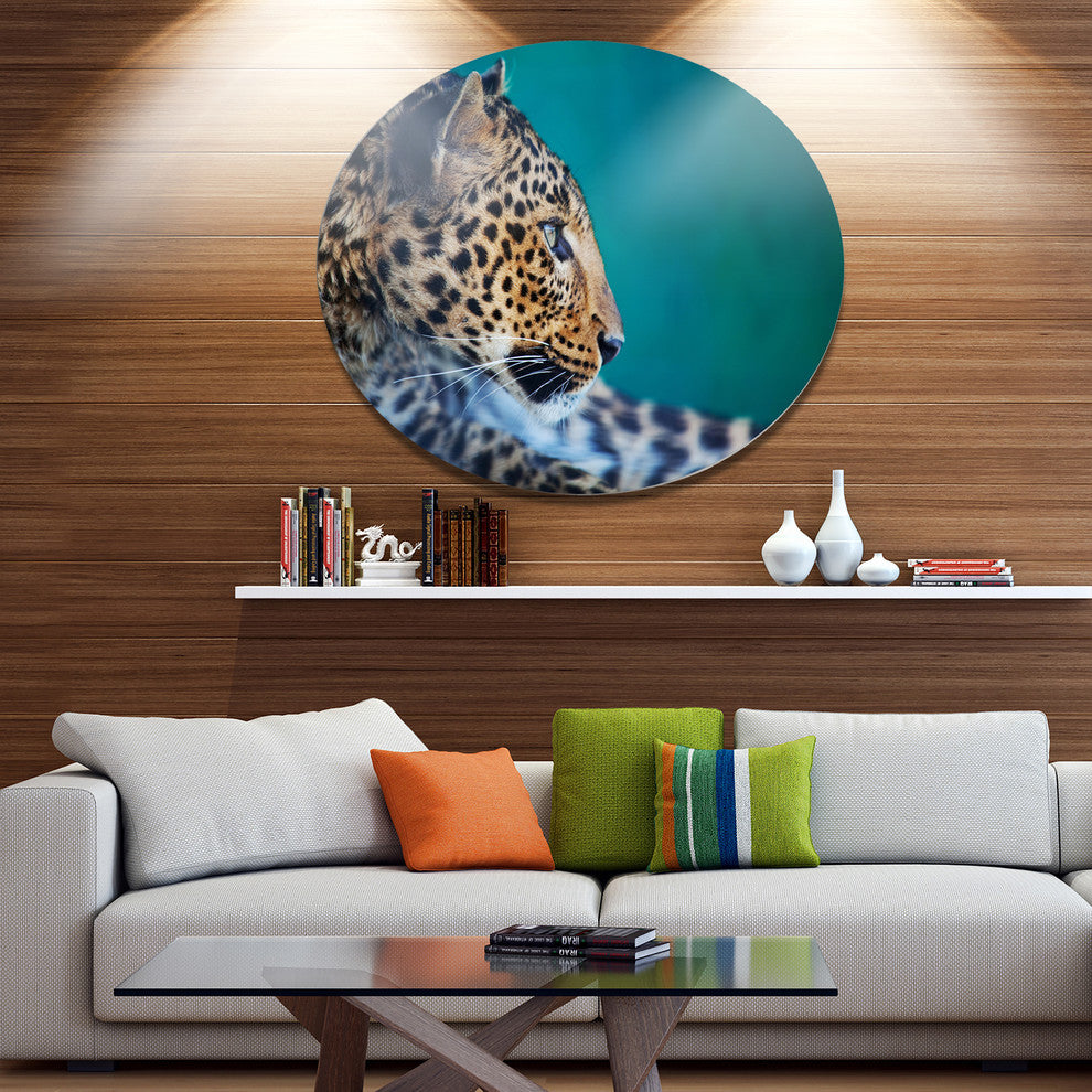 Vigilant Leopard Close-Up View, African Disc Metal Wall Art, 11"