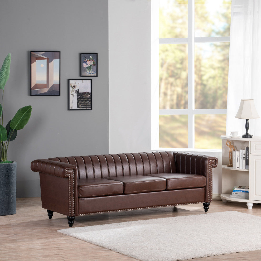 83" Faux leather Square Arm Sofa with Nailhead Trim , Dark Brown