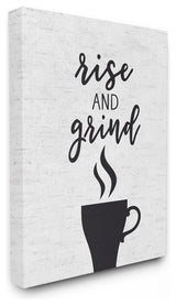 Rise And Grind Coffee Cup Subtle Birch Typography Stretched Canvas, 16"x20"