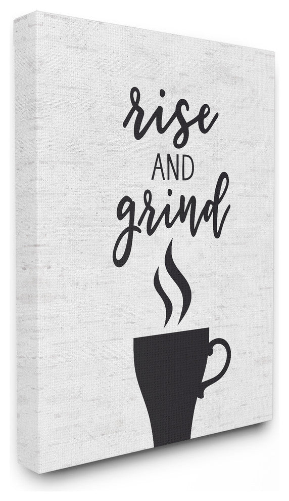 Rise And Grind Coffee Cup Subtle Birch Typography Stretched Canvas, 16"x20"