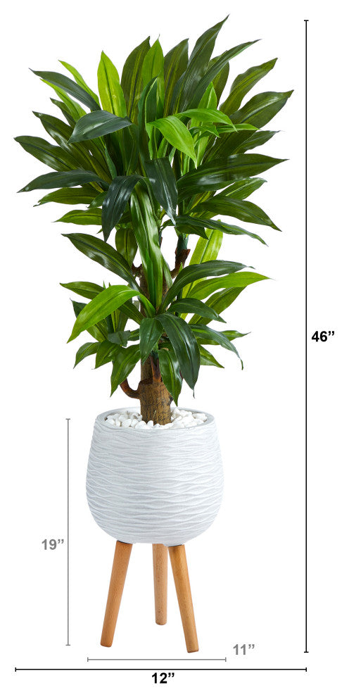 46" Corn Stalk Dracaena Artificial Plant, White Planter With Stand, Real Touch