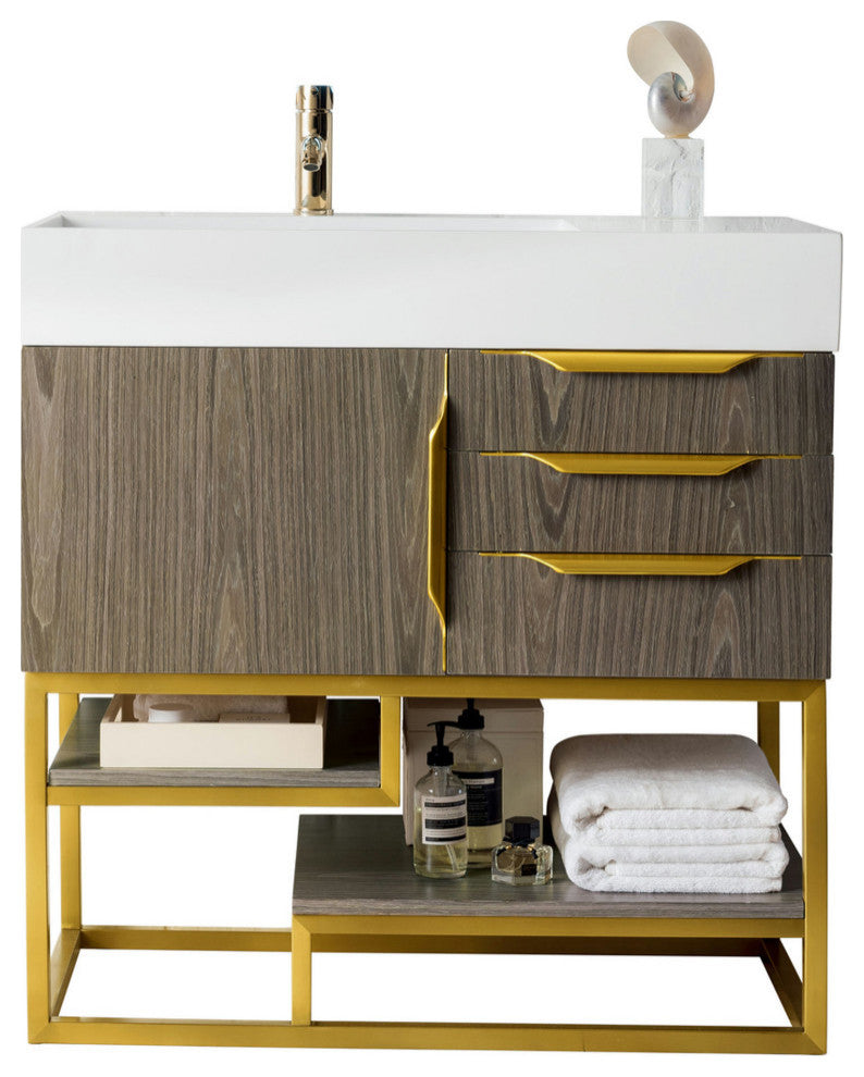 Columbia 36" Single Vanity, Ash Gray, Radiant Gold, Glossy White Top