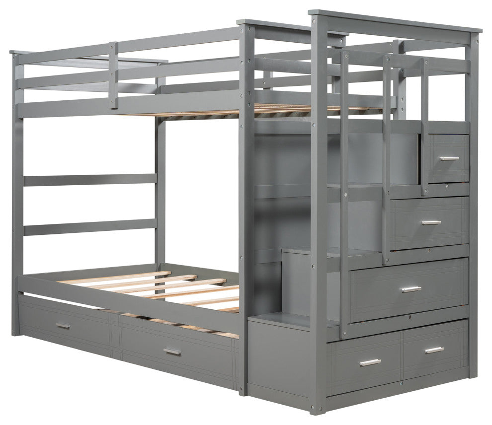 Gewnee Solid Wood Twin Over Twin Bunk Bed with Trundle and Staircase in Gray