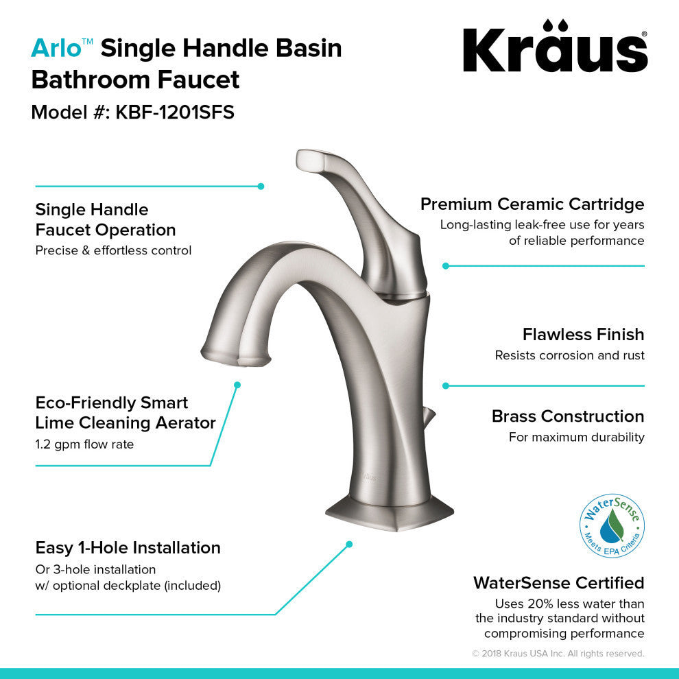 Elavo Square Ceramic Vessel Sink, Bathroom Arlo Faucet, Drain, SFS Stainless