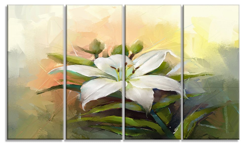 White Lily Flower Oil Painting, Large Floral Canvas Art Print, 48"x28", 4 Panels