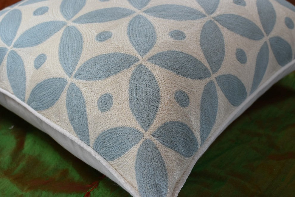 Diamond Circles Baby Blue Decorative Pillow Cover Handembroidered Wool 20x20"