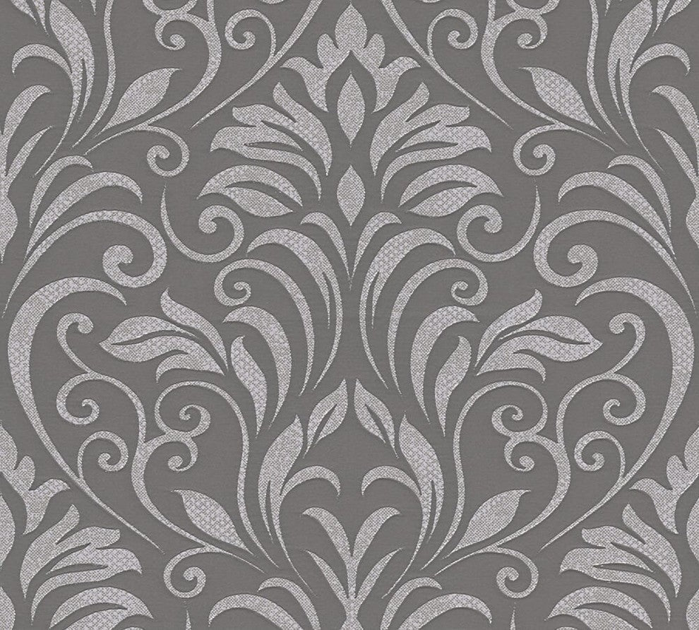 Moments, Baroque Motifs, Flowers And Garlands Gray Wallpaper Roll, Modern