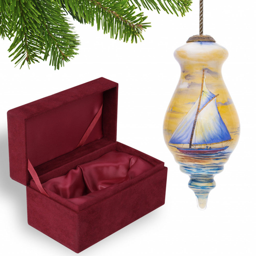 Boat Sailing At First Light Hand Painted Mouth Blown Glass Ornament